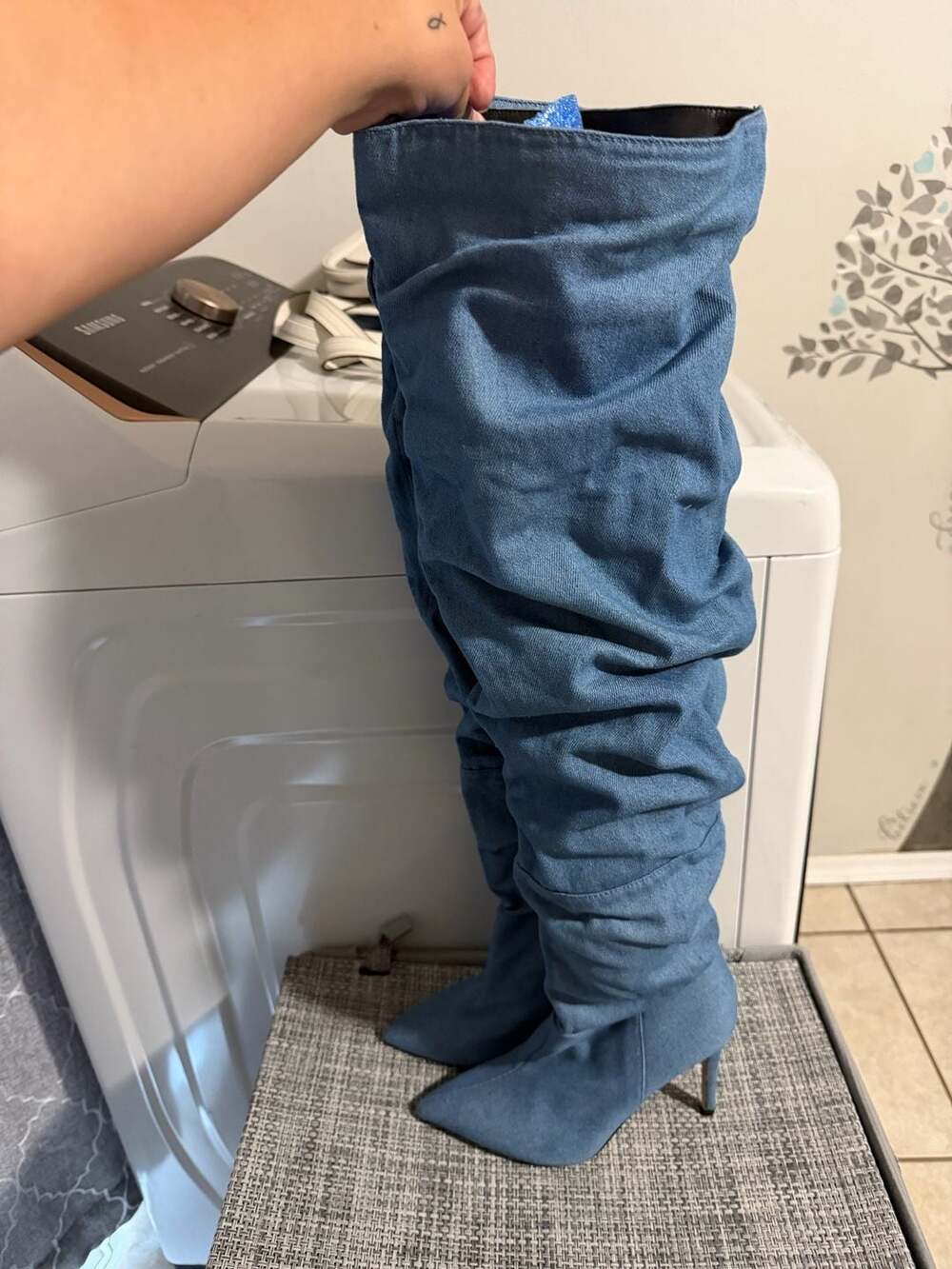 Forever 21 Denim Stiletto Slouch Boots Size 7.5